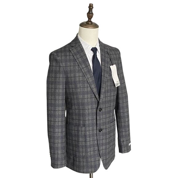 Bar III Men's 40 Long Blazer Slim Fit Stretch Grey & Blue Check NEW - Picture 3 of 11